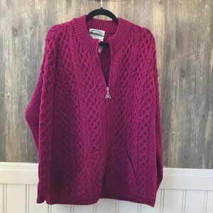 Aran Craft's magenta 100% merino wool cable knit full zip cardigan size XL